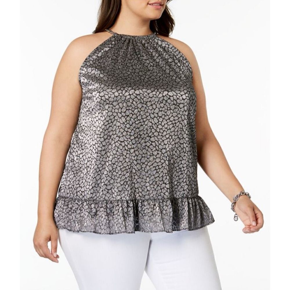 Michael Kors Women's Sleeveless Halter Peplum Top Silver Black Metallic Size 1X